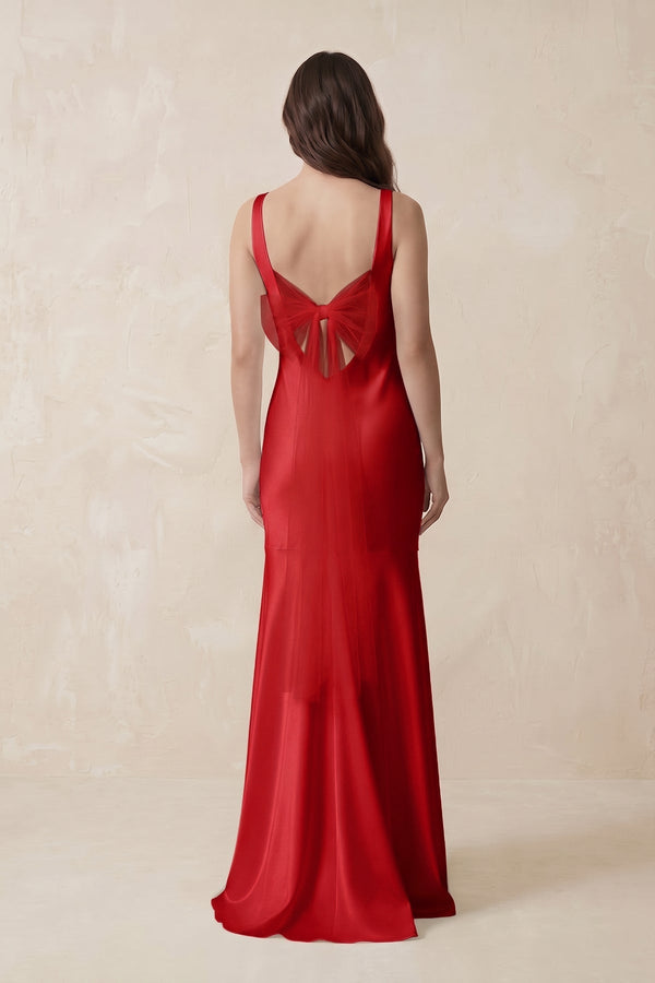Mermaid Scoop Neck Satin Bridesmaid Dress with Bow in Ruby Red - KissProm Bridesmaid Dresses