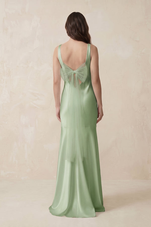 Mermaid Scoop Neck Satin Bridesmaid Dress with Bow in Sage - KissProm Bridesmaid Dresses