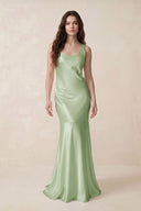 Mermaid Scoop Neck Satin Bridesmaid Dress with Bow in Sage - KissProm Bridesmaid Dresses