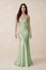 Mermaid Scoop Neck Satin Bridesmaid Dress with Bow in Sage - KissProm Bridesmaid Dresses
