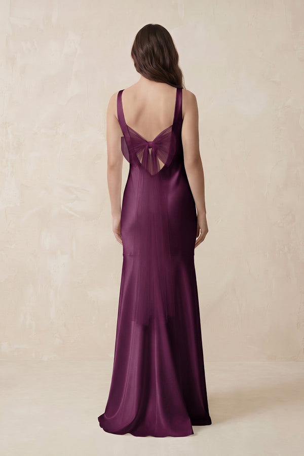 Mermaid Scoop Neck Satin Bridesmaid Dress with Bow in Sangria - KissProm Bridesmaid Dresses