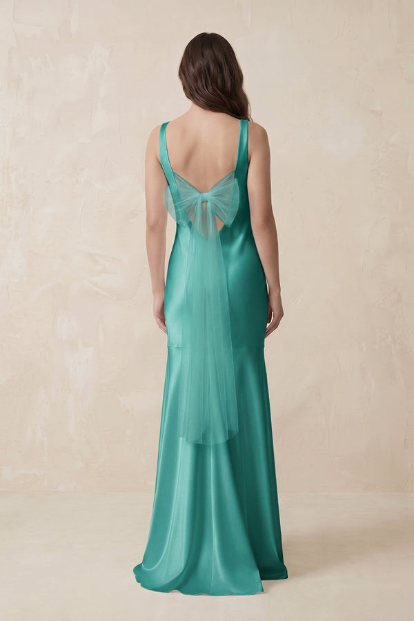 Mermaid Scoop Neck Satin Bridesmaid Dress with Bow in Sea Glass - KissProm Bridesmaid Dresses