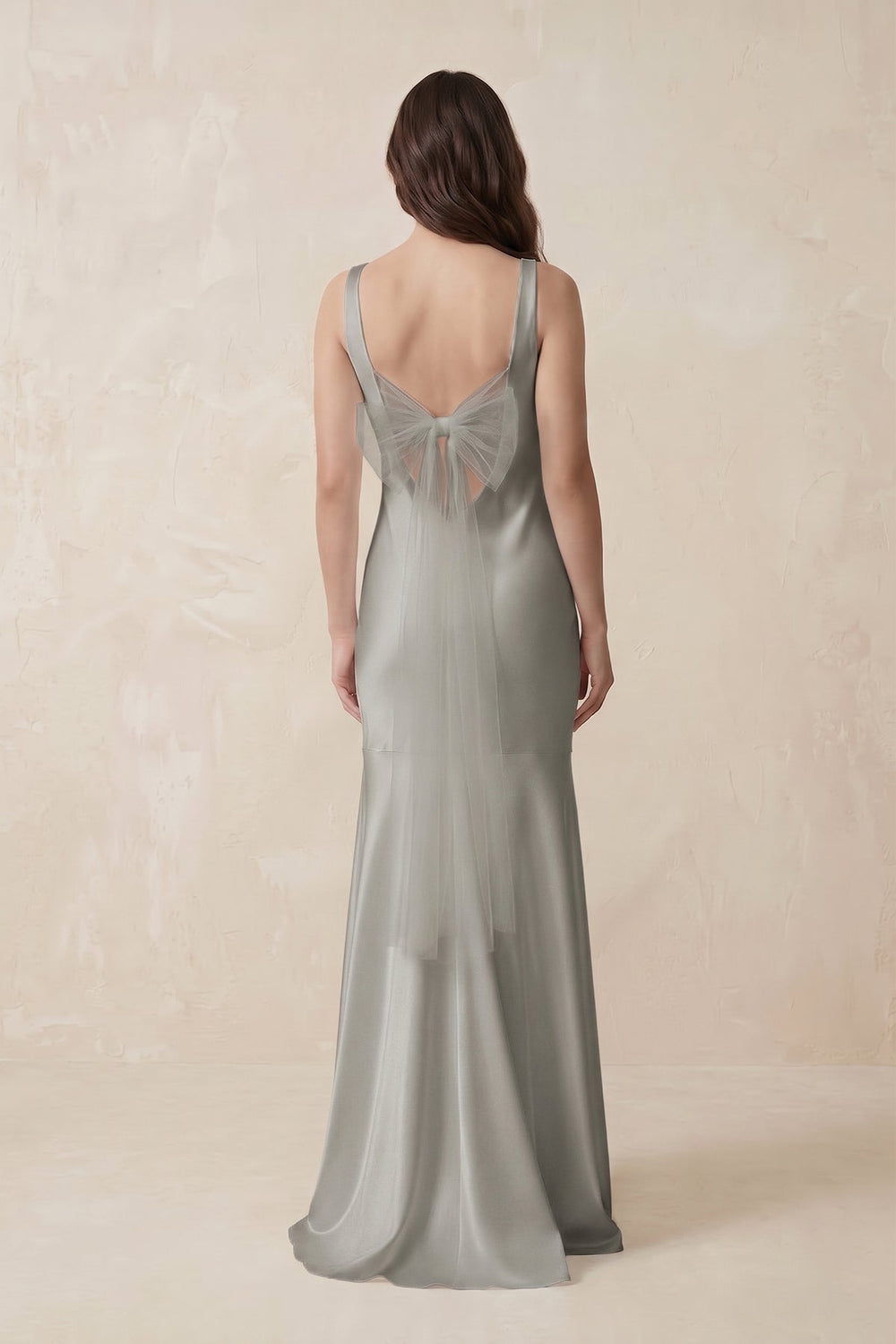 Mermaid Scoop Neck Satin Bridesmaid Dress with Bow in Silver - KissProm Bridesmaid Dresses