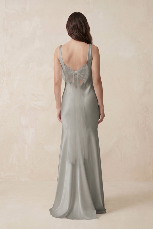 Mermaid Scoop Neck Satin Bridesmaid Dress with Bow in Silver - KissProm Bridesmaid Dresses