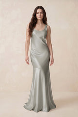 Mermaid Scoop Neck Satin Bridesmaid Dress with Bow in Silver - KissProm Bridesmaid Dresses