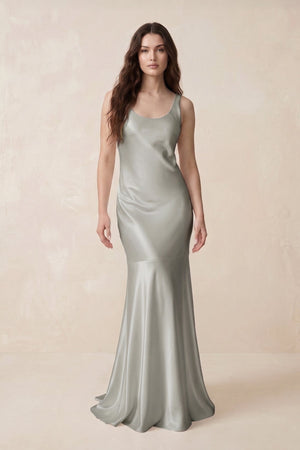 Mermaid Scoop Neck Satin Bridesmaid Dress with Bow in Silver - KissProm Bridesmaid Dresses