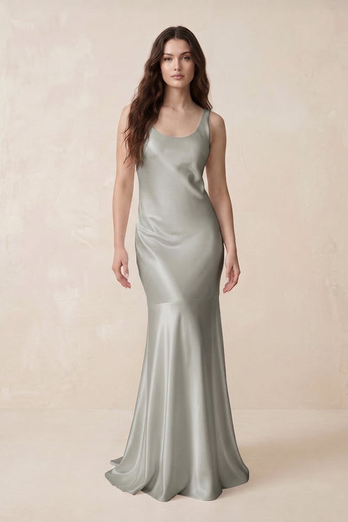 Mermaid Scoop Neck Satin Bridesmaid Dress with Bow in Silver - KissProm Bridesmaid Dresses