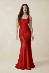 Mermaid Scoop Neck Satin Bridesmaid Dress with Bow in Spice - KissProm Bridesmaid Dresses