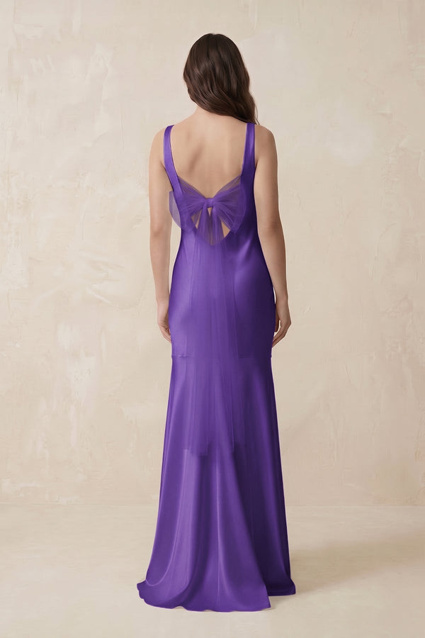 Mermaid Scoop Neck Satin Bridesmaid Dress with Bow in Tahiti - KissProm Bridesmaid Dresses