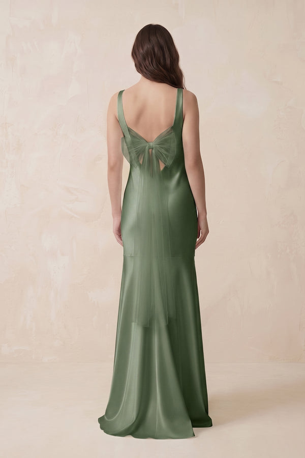 Mermaid Scoop Neck Satin Bridesmaid Dress with Bow in Thyme - KissProm Bridesmaid Dresses