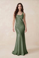 Mermaid Scoop Neck Satin Bridesmaid Dress with Bow in Thyme - KissProm Bridesmaid Dresses