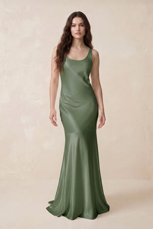 Mermaid Scoop Neck Satin Bridesmaid Dress with Bow in Thyme - KissProm Bridesmaid Dresses
