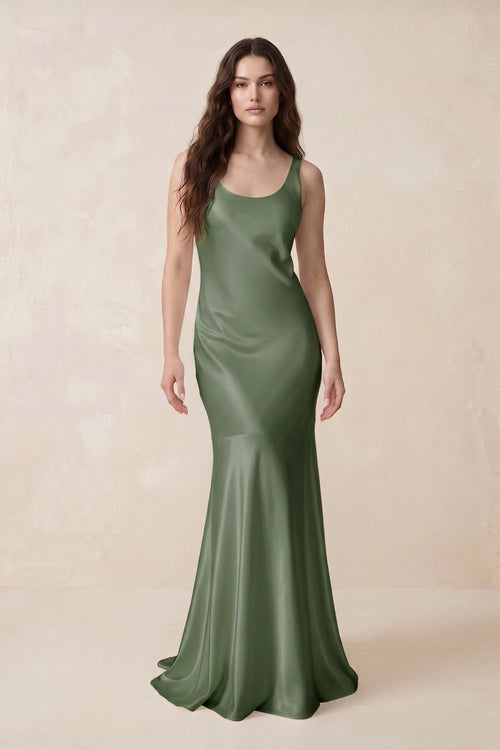 Mermaid Scoop Neck Satin Bridesmaid Dress with Bow in Thyme - KissProm Bridesmaid Dresses