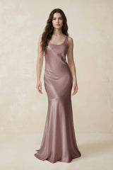 Mermaid Scoop Neck Satin Bridesmaid Dress with Bow in Toffee - KissProm Bridesmaid Dresses