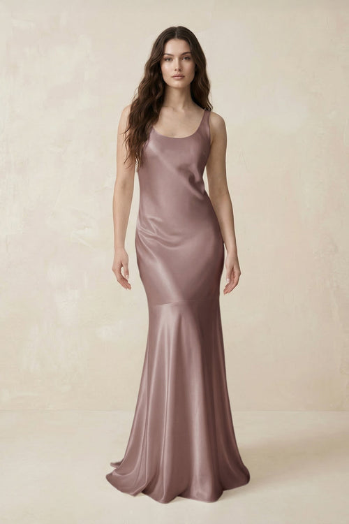 Mermaid Scoop Neck Satin Bridesmaid Dress with Bow in Toffee - KissProm Bridesmaid Dresses