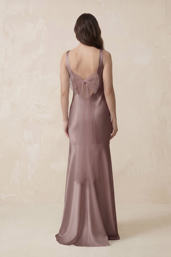 Mermaid Scoop Neck Satin Bridesmaid Dress with Bow in Toffee - KissProm Bridesmaid Dresses