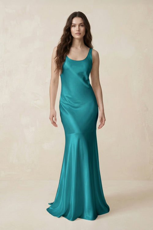 Mermaid Scoop Neck Satin Bridesmaid Dress with Bow in Turquoise - KissProm Bridesmaid Dresses