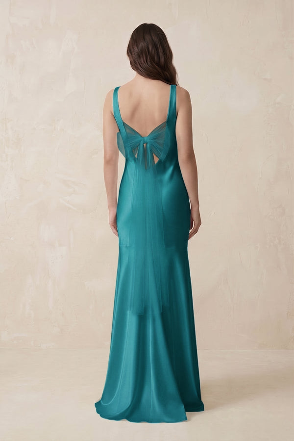 Mermaid Scoop Neck Satin Bridesmaid Dress with Bow in Turquoise - KissProm Bridesmaid Dresses