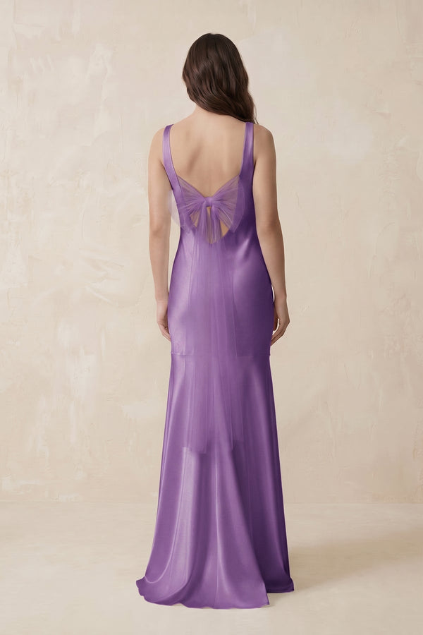 Mermaid Scoop Neck Satin Bridesmaid Dress with Bow in Wisteria - KissProm Bridesmaid Dresses