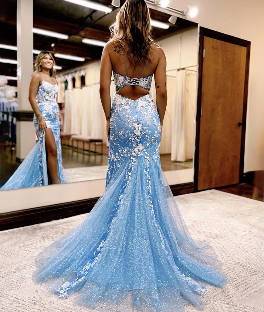 mermaid prom dress with tulle bottom Aubrie Sky Blue Mermaid Spaghetti Straps Lace Tulle Prom Dress with Slit Lilac / 0