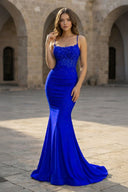Mermaid Spaghetti Straps Dark Green Long Prom Dress with Appliques - KissProm