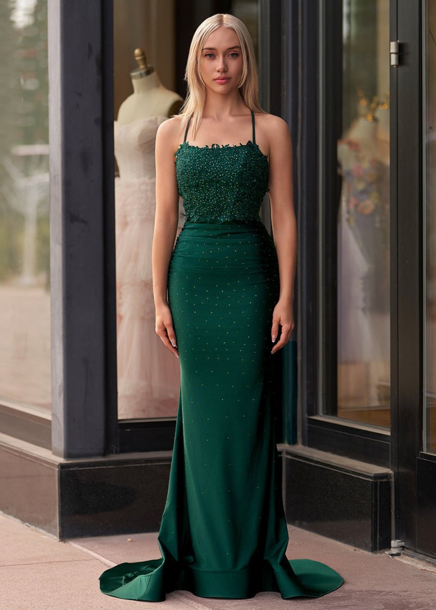 slim fit dress slacks Emerald Green Strappy Back Slit Satin Prom Dress main image 0