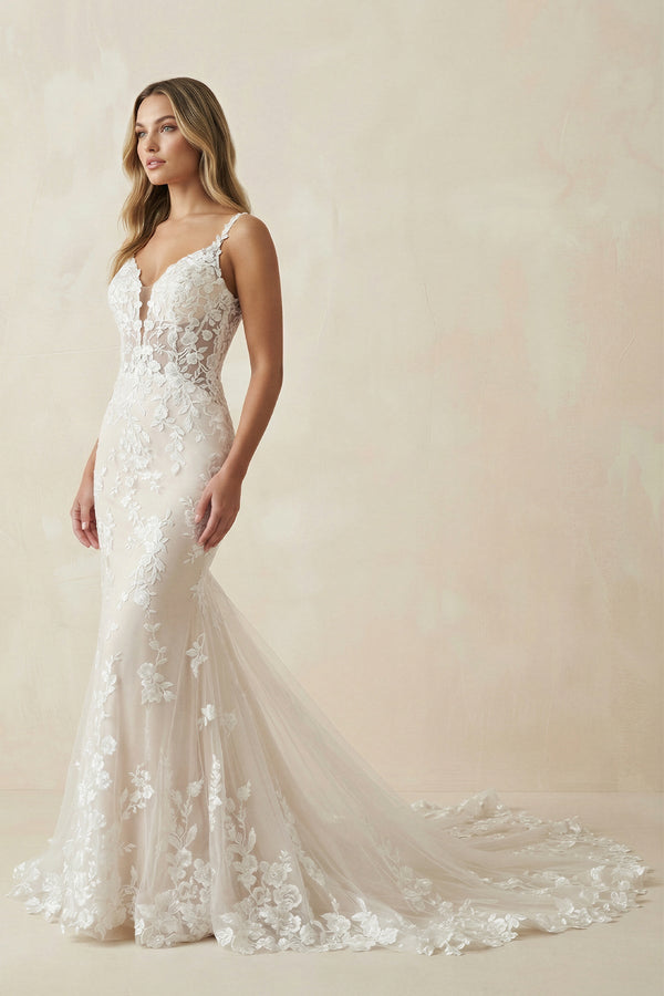 KissProm Mermaid Spaghetti Straps Lace Wedding Dress, White & Nude / 18