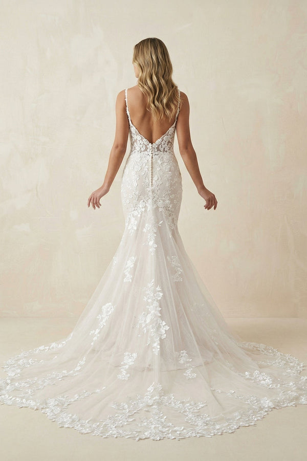 Mermaid Spaghetti Straps Lace Wedding Dress in White and Nude - KissProm Wedding Dresses