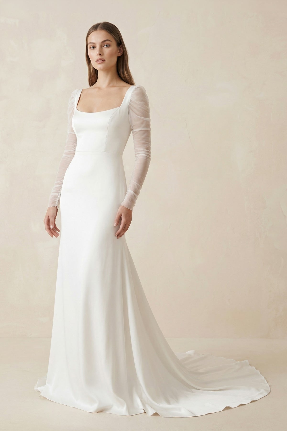 KissProm Square Neck Long Sleeves White Satin Wedding Dresses, Diamond White / 16