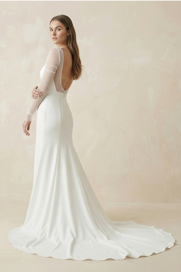 Mermaid Square Neck Long Sleeves White Satin Wedding Dresses– Wedding Dresses by KissProm | Available at KissProm