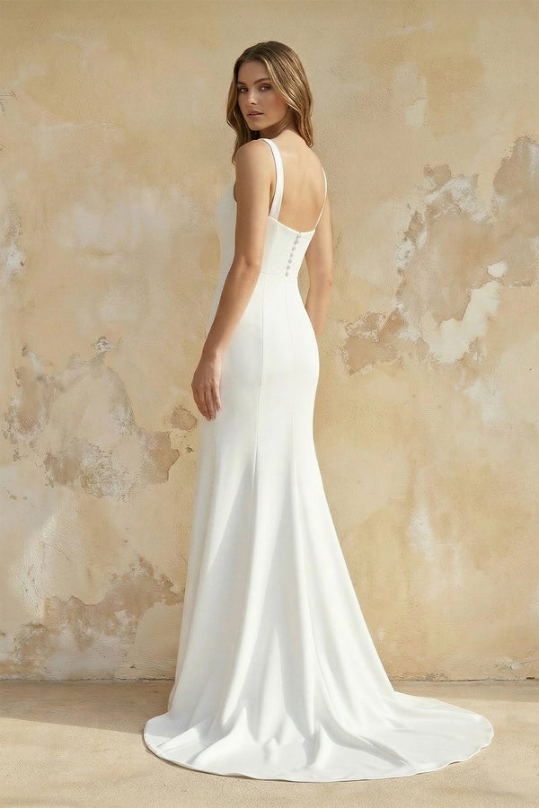 Mermaid Square Neck Satin Wedding Dress in White - KissProm Wedding Dresses