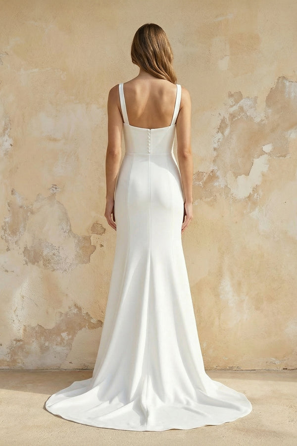 Mermaid Square Neck Satin Wedding Dress in White - KissProm Wedding Dresses