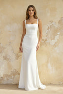 Mermaid Square Neck Satin Wedding Dress in White - KissProm Wedding Dresses