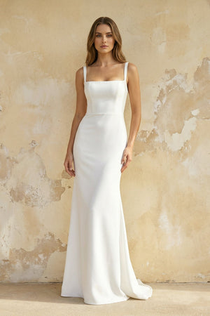 Mermaid Square Neck Satin Wedding Dress in White - KissProm Wedding Dresses