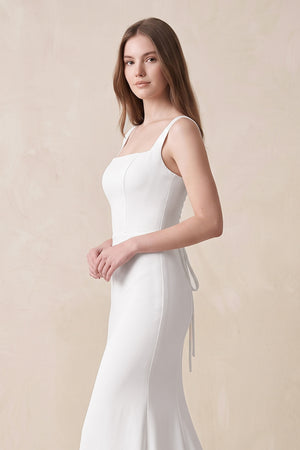White Mermaid Square Neck Satin Wedding Dress in White - KissProm Wedding Dresses
