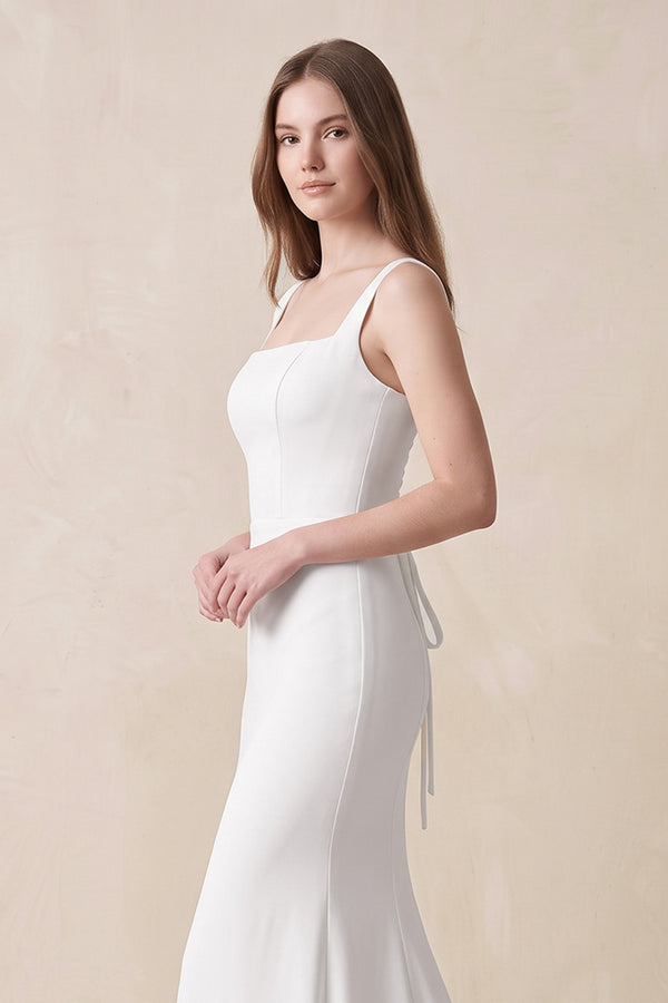 White Mermaid Square Neck Satin Wedding Dress in White - KissProm Wedding Dresses