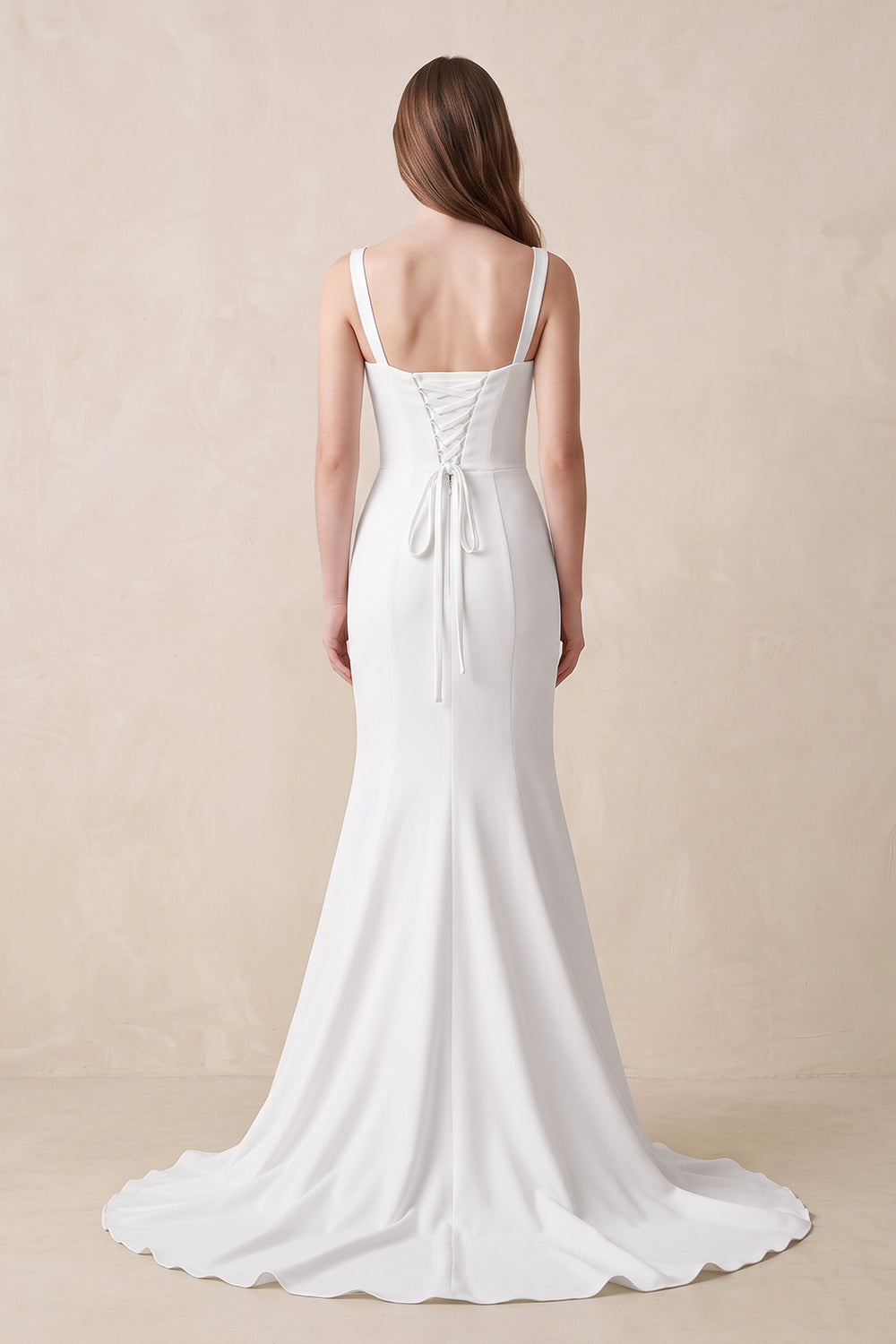 White Mermaid Square Neck Satin Wedding Dress in White - KissProm Wedding Dresses