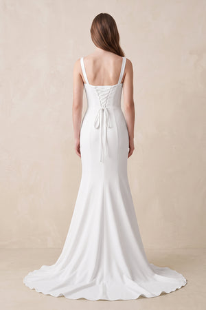 White Mermaid Square Neck Satin Wedding Dress in White - KissProm Wedding Dresses