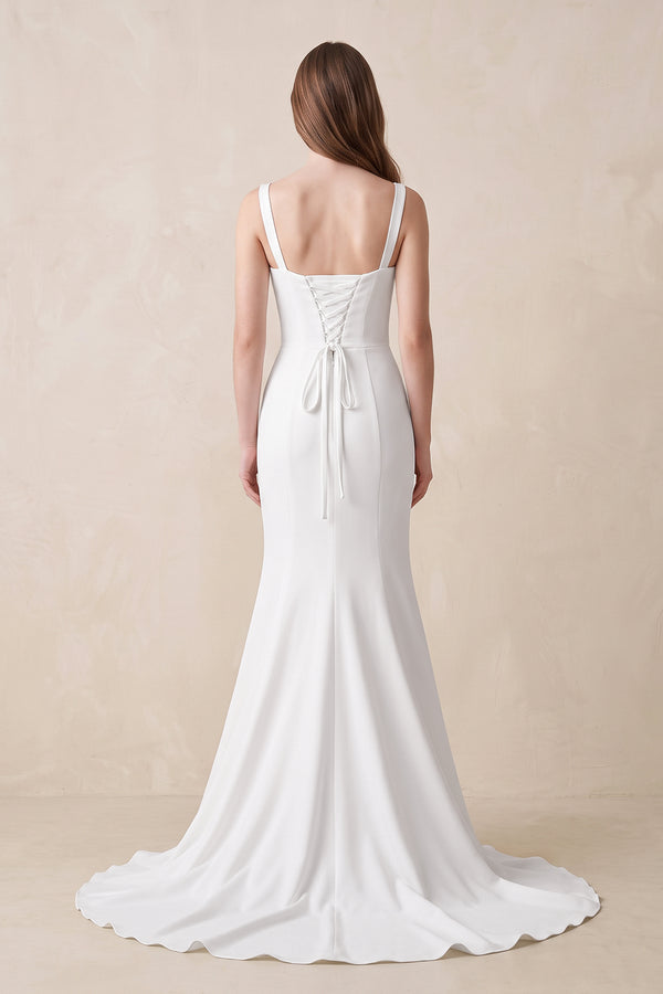 White Mermaid Square Neck Satin Wedding Dress in White - KissProm Wedding Dresses