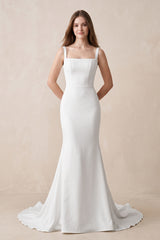 White Mermaid Square Neck Satin Wedding Dress in White - KissProm Wedding Dresses