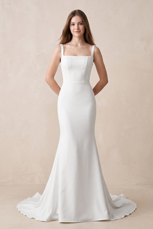 White Mermaid Square Neck Satin Wedding Dress in White - KissProm Wedding Dresses