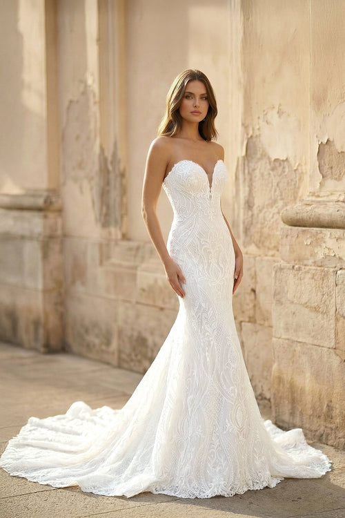 Mermaid Strapless Lace Wedding Dress in Ivory - KissProm Wedding Dresses