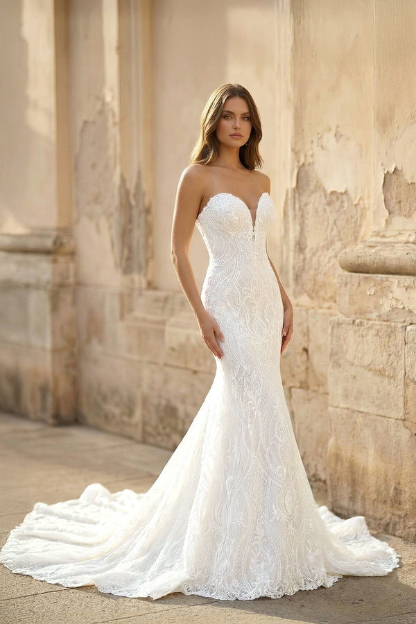 KissProm Mermaid Strapless White Lace Wedding Dresses, Diamond White / 14