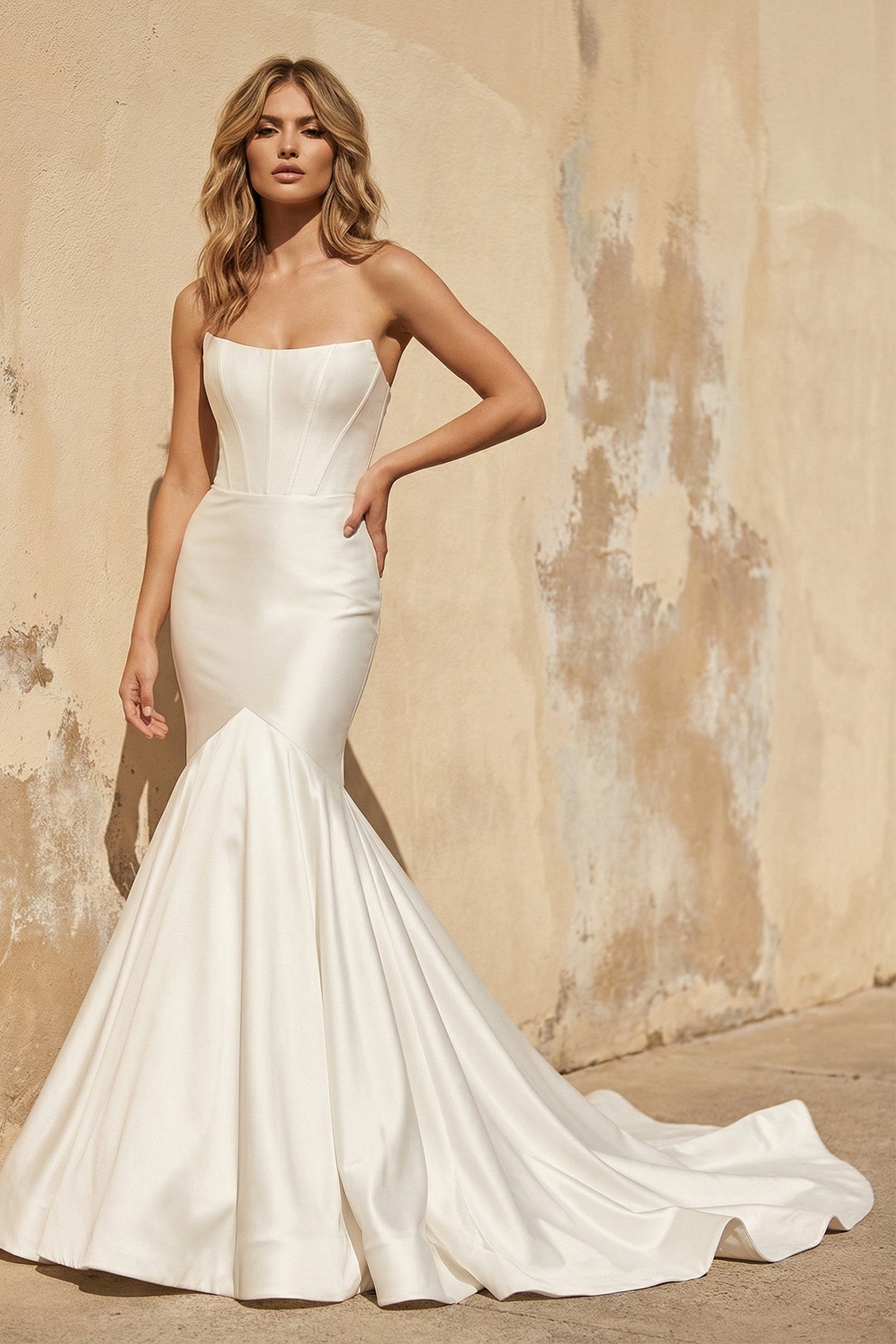 KissProm Simple Mermaid Strapless Satin Wedding Dress Bridal Gowns, Diamond White / 8