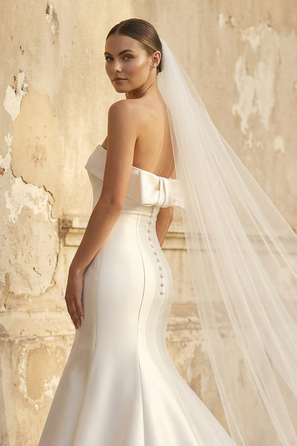 Elegant Mermaid Strapless Satin Sleeveless Wedding Dresses – Wedding Dresses by KissProm | Available at KissProm