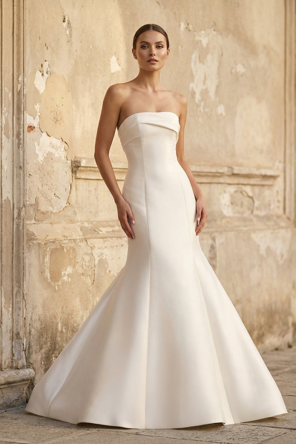 Elegant Mermaid Strapless Satin Sleeveless Wedding Dresses – Wedding Dresses by KissProm | Available at KissProm