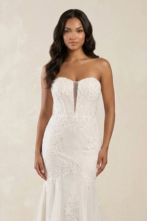 Mermaid Sweetheart Appliqued Tulle Wedding Dress in White - KissProm Wedding Dresses