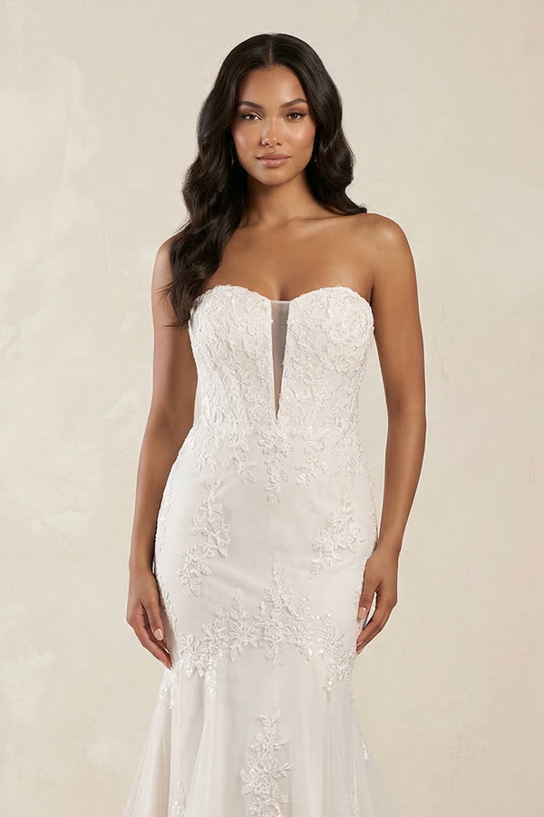 Mermaid Sweetheart Appliqued Tulle Wedding Dress in White - KissProm Wedding Dresses