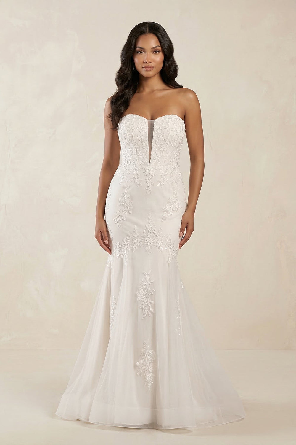 Mermaid Sweetheart Appliqued Tulle Wedding Dress in White - KissProm Wedding Dresses