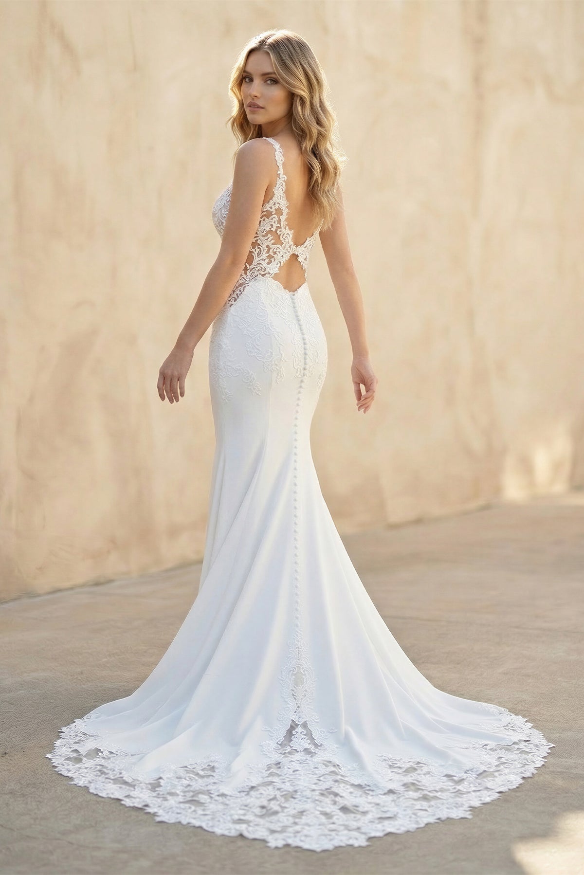 Lace Straps Sweep Train Mermaid White Wedding Dress